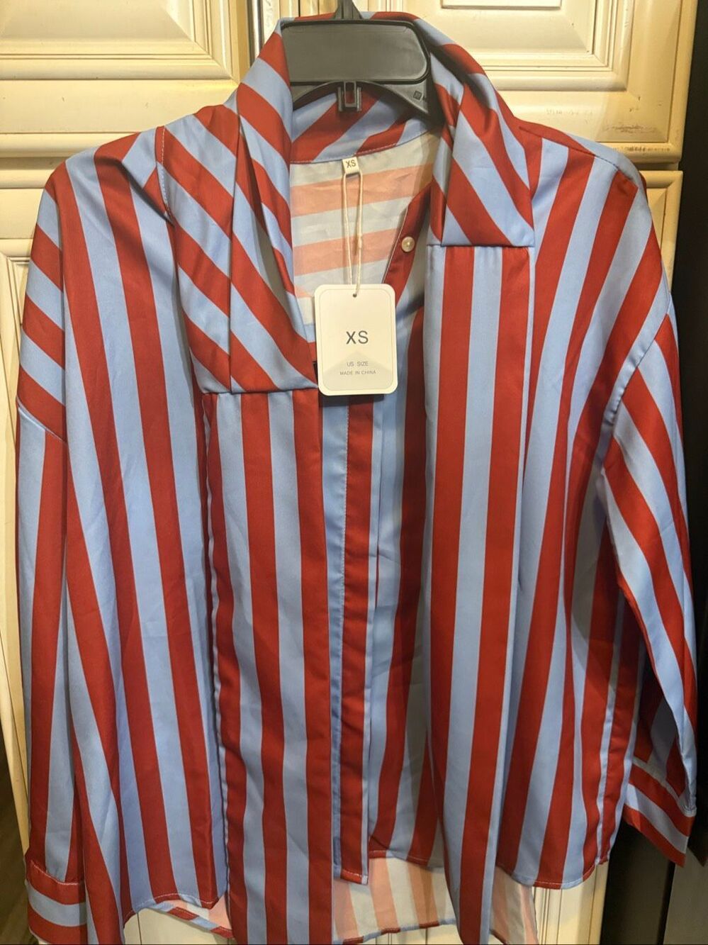 Fashion Women's Long Sleeve High Neck Bow Tie Striped Blouse Red Blue XS NWT